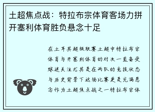 土超焦点战：特拉布宗体育客场力拼开塞利体育胜负悬念十足